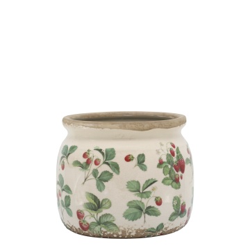 Ghiveci din ceramică crem cu model căpșuni „Fraises”, H13/D15.5 cm