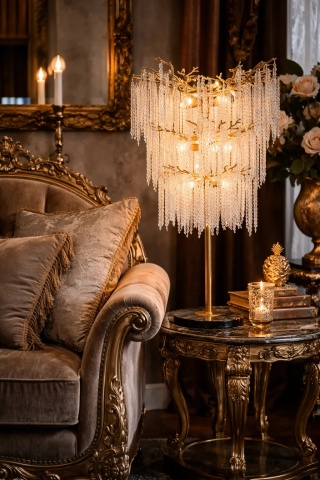 Lampă de masă din metal, auriu, cu cristale din sticlă, 105 x 71 cm, „Cascade” - Img 2