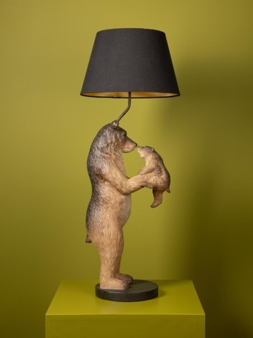 Lampă de masă din rășină maro, urs cu pui, abajur din bumbac negru, finisaj patinat, 93 x 36 cm, „Grizzly” - Img 5