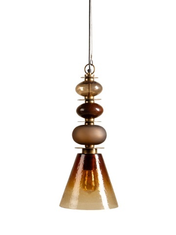 Lustră din sticlă texturată camel cu structură din alamă antichizată cu elemente sferice decorative, formă conică, 65 × 29 cm, „Astrolab"