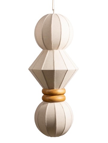 Lustra suspendată din bumbac și in, natur, cu structură din lemn, formă geometrică, 95x38 cm, „Lumea"