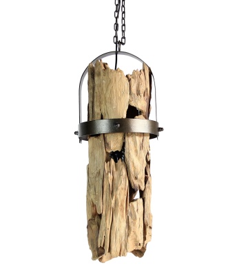 Lustră suspendată din lemn de tec lucrat manual și metal, natur și negru, 40 x 160 x 30 cm, „Pierrefonds”