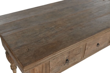 Masă consolă în stil etnic, din lemn de tec reciclat, natur, cu 4 sertare și picioare strunjite cu caneluri sculptate, 78 x 220 x 80 cm, „Grand Loft” - Img 6