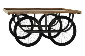 Masă consolă industrială vintage din lemn cu structură din metal și roți de bicicletă, 160×80×75 cm, „Market" - Img 2