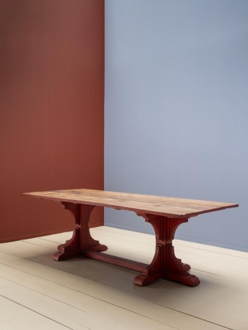 Masă de dining din lemn reciclat, cu blat patinat natur și bază sculptată roșu cărămiziu, finisaj vintage, 240×100×76 cm, „Redwood" - Img 3