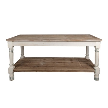 Masă de prezentare shabby chic din lemn, natur, cu raft inferior și picioare strunjite, finisaj alb antichizat, 85 x 180 x 70 cm, „Clarisse”