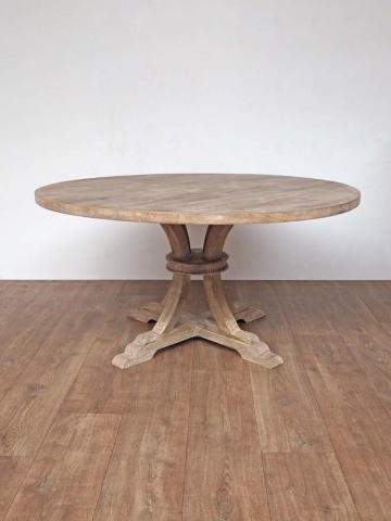 Masă dining rotundă din lemn de mango, natur, 6–8 locuri, cu picior central, finisaj décapé, 76 x 150 cm, „Valbelle” - Img 3