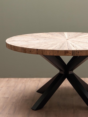 Masă dining rotundă din lemn reciclat, maro, 6–8 locuri, cu bază centrală din metal, 77 x 150 cm, „Asturias” - Img 2