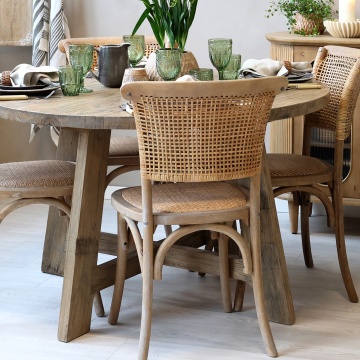Masă dining rotundă din lemn reciclat, natur, 4–5 locuri, cu patru picioare legate în cruce, 76 x 120 cm, „Lourmarin” - Img 2