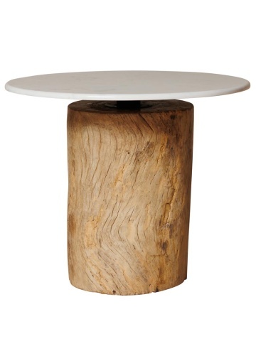 Masă dining rotundă din marmură, alb, 4 locuri, cu bază din trunchi de lemn reciclat, 76 x 90 cm, „Mawo”