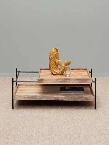 Măsuță de cafea dreptunghiulară din lemn de mango și metal, natur și negru, cu blat glisant și raft, 35 x 95 x 59 cm, „Modular” - Img 4