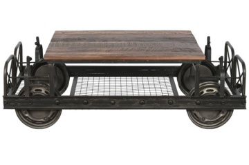 Măsuță de cafea dreptunghiulară din lemn și metal, natur și negru, pe roți, cu raft din plasă, 48 x 147 x 76 cm, „Ferros” – Ethnic Collections