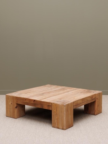Măsuță de cafea pătrată din lemn de pin reciclat, natur, cu picioare masive și blat din panouri lungi, 38 x 120 x 120 cm, „Yakta” - Img 2