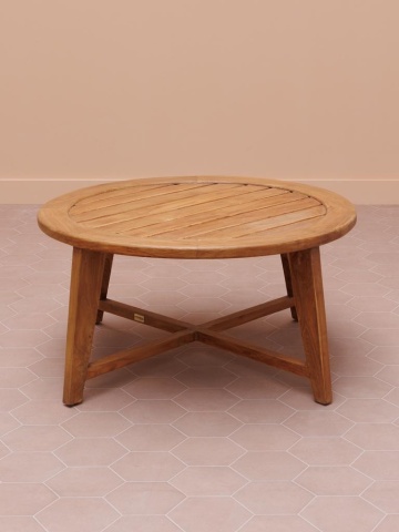 Măsuță de cafea rotundă din lemn de tec, natur, de exterior, cu blat din lamele și picioare unite în cruce, 40 x 80 cm, „Santai” - Img 2