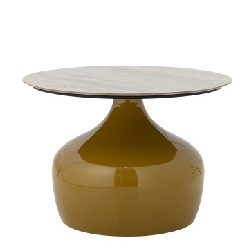 Măsuță de cafea rotundă din metal, galben, cu blat din ceramică efect travertin și bază sculpturală, 41 x 60 cm, „Lecco” - Img 4