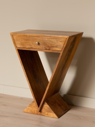 Măsuță laterală din lemn de mango, cu 1 sertar, design geometric, natur, finisaj satinat, 60×35×77 cm, „Penrose" - Img 3