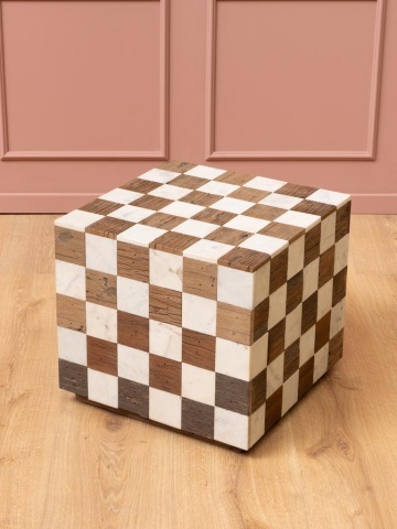 Măsuță laterală din marmură și lemn reciclat, cu model în carouri și formă cubică, alb și natur, finisaj mat, 44.5×44.5×38 cm, „Kadrie" - Img 2