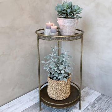 Măsuță laterală înaltă rotundă din metal, auriu, cu blat perforat în model floral și raft-tavă, finisaj antichizat, 74 x 43 cm, „Dentelle” - Img 4