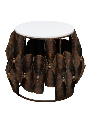 Măsuță laterală rotundă din metal, maro, cu blat din marmură albă și bază din petale de metal, finisaj patinat, 52 x 62 cm, „Ondralis”