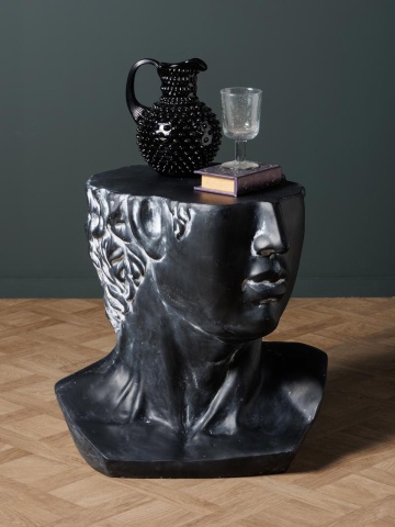 Măsuță laterală sculptată în formă de bust antic, negru, cu chip și bucle în relief, finisaj patinat, 55 x 58 x 44 cm, „Bellâtre” - Img 4