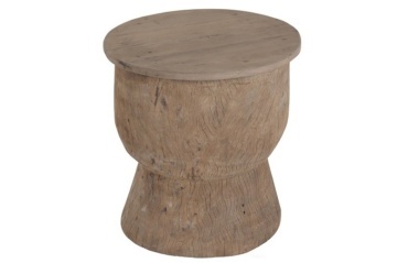 Măsuță laterală sculptată rotundă din lemn reciclat, natur, cu bază în formă de clepsidră, 52 x 49 cm, „Knot”
