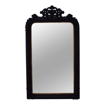 Oglindă de perete din lemn și piele ecologică, negru, cu ramă sculptată, colțuri rotunjite și ornament baroc cu volute, 158 x 90 x 4 cm, „Duchesse”