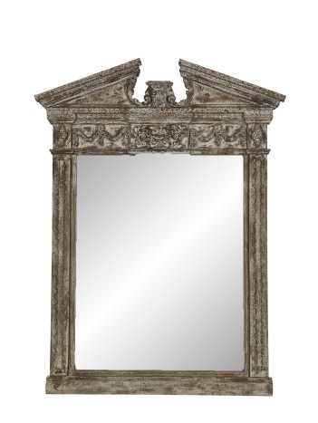 Oglindă sculptată manual din lemn masiv de mango, finisaj antichizat, piesa unicat „Parthenon Mirror"