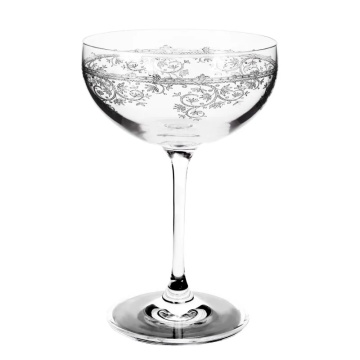 Pahar de șampanie din sticlă suflată manual, transparent, cupă cu motive florale în spirală, decor gravat cu laser, 350 ml, 16 x 10,5 cm, „Joséphine”