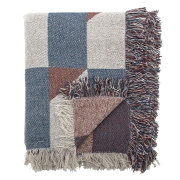 Pătură din bumbac reciclat, multicolor, cu model în carouri mari și franjuri multicolore, 160x130 cm, „True"