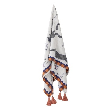 Pătură din bumbac reciclat, multicolor, cu motiv de pisică imprimat și dungi pe verso, cu ciucuri în colțuri, 160x130 cm, „Missy" - Img 2