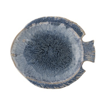 Platou de servire din ceramică albastră, în formă de pește, cu margini neregulate, „Fae", 35,5 x 30,5 x 4,5 cm