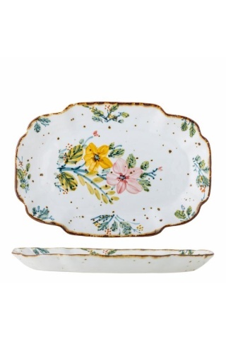 Platou de servire din ceramică artizanală albă cu motive florale roz pictate manual și margine aurie, 31×21×3 cm, "Savina"