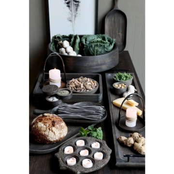 Platou de servire din lemn masiv de mango negru, lucrat manual, cu mânere metalice, 8x90x20 cm, „Tours" - Img 3