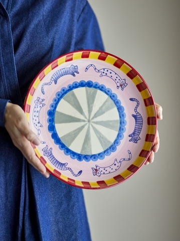 Platou decorativ din ceramică artizanală, multicolor, pictat manual cu pisici și motive geometrice, 30x6 cm, „Missy" - Img 4
