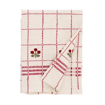 Prosop de bucătărie din bumbac brodat manual cu model în carouri și flori, 50×70 cm, „Bloom"
