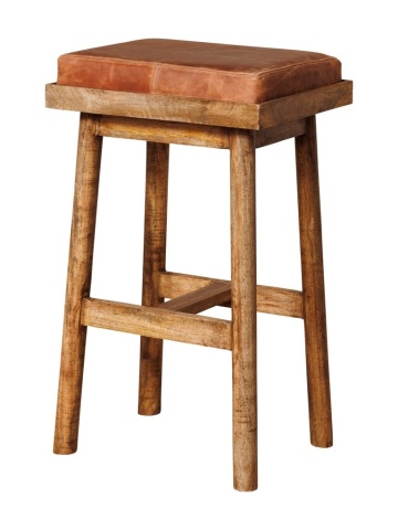 Scaun de bar din lemn de mango natur și piele naturală coniac, cu șezut dreptunghiular și suport pentru picioare, 76 x 45 x 35 cm, „Django”