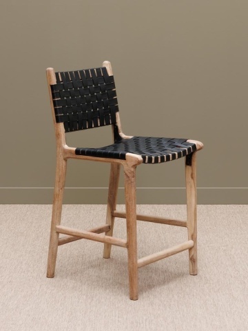 Scaun de bar împletit pentru insulă din piele naturală și lemn de acacia, negru, cu spătar și suport pentru picioare, 97 x 50 x 53 cm, „Mixing” - Img 3