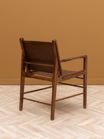 Scaun de dining din piele maro, cu structură din lemn de acacia, finisaj natural lucios, 90×60×66 cm, „Arius" - Img 4