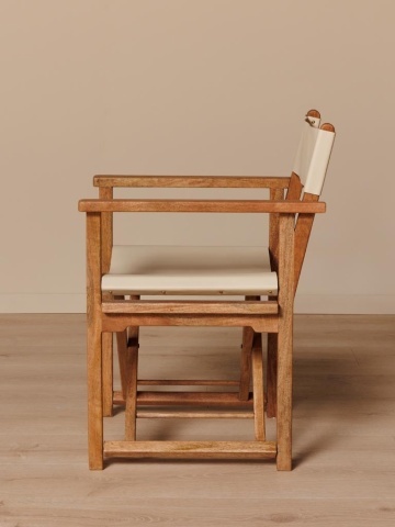 Scaun dining cu brațe din piele naturală și lemn de mango, crem, cu cadru în X și ținte aurii, pliabil, 82 x 57 x 50 cm, „Woody” - Img 3