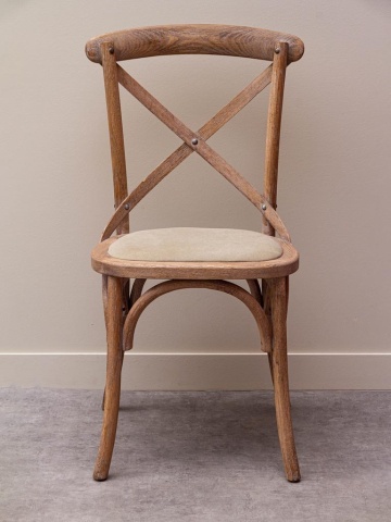 Scaun dining din lemn de stejar și bumbac, bej, cu spătar încrucișat în X, șezut tapițat și arce curbate, 90 x 44 x 42 cm, „Marius” - Img 4