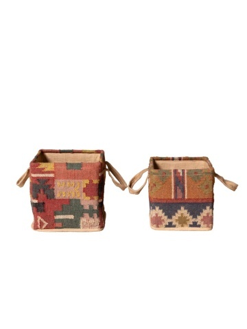 Set 2 coșuri depozitare din iută naturală și lână, multicolor, țesătură kilim cu mânere laterale, finisaj artizanal, 40 x 40 x 40 cm, „Tikana”