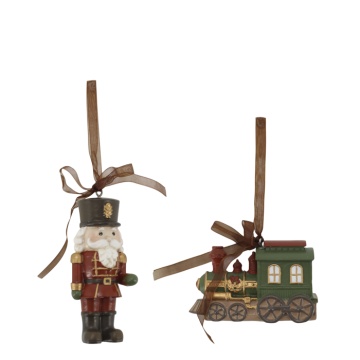 Set 2 ornamente decorative din rășină pictată manual, spărgător de nuci și locomotivă, 10x3 cm, „Noël"