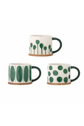 Set 3 căni natur din ceramică artizanală pictată manual cu motive geometrice în verde, 450 ml, 11×8,5 cm, "Linora"
