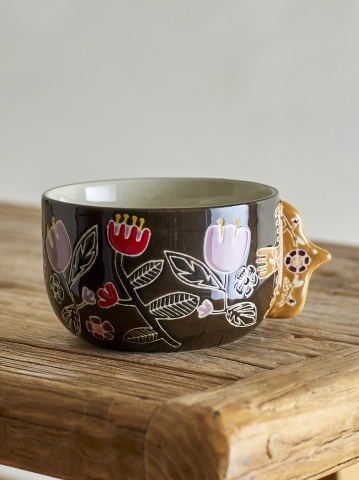Set 4 boluri din ceramică artizanală, multicolor, pictate manual cu motive florale, cu toarte sculptate în formă de pasăre, 13x8 cm, „Vivielle" - Img 2