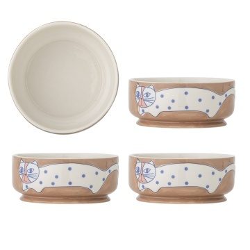 Set 4 boluri din ceramică artizanală, multicolor, pictate manual cu pisici și buline, 14,5x6 cm, 715 ml, „Missy"