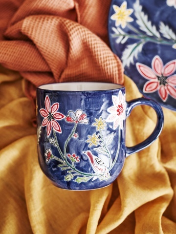 Set 4 căni din ceramică albastră cu păsări și motive florale pictate manual, 455 ml, 9,5×10,5 cm, „Meredith" - Img 2