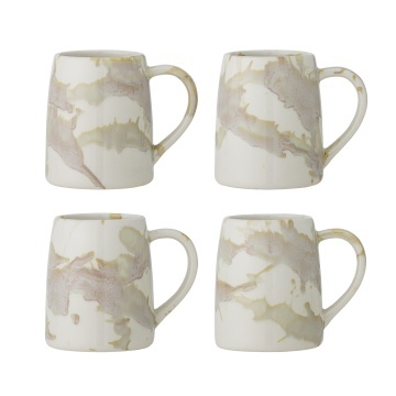 Set 4 căni din ceramică artizanală, cu decor marmorat bej și alb, finisaj lucios, „Winnie", 9 x 10 cm