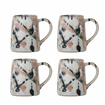 Set 4 căni din ceramică, multicolor, fond crem cu tonuri delicate, glazură reactivă cu nuanțe unice, 10 x 9 cm, „Winnie”