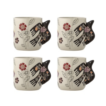 Set 4 cești din ceramică artizanală, natur,pictate manual cu flori stilizate și pasăre, cu toartă sculptată, „Vivielle"