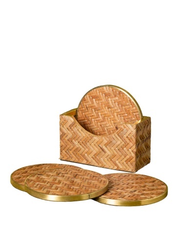 Set 4 suporturi pentru pahare din ratan împletit artizanal, bordură aurie, natur, 10 cm, „Rivan"
